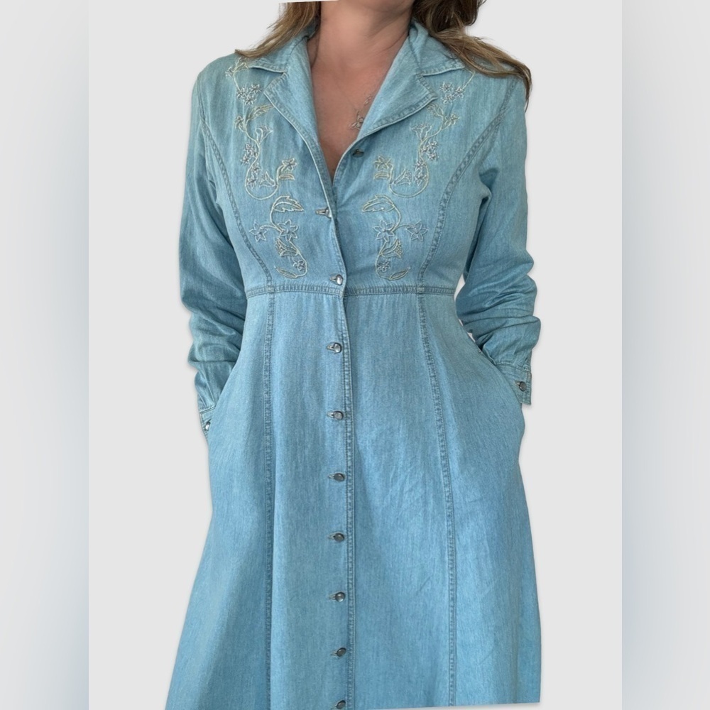 Vintage LizWear Denim Maxi Dress embroidered Pear buttons country western - Picture 2 of 13